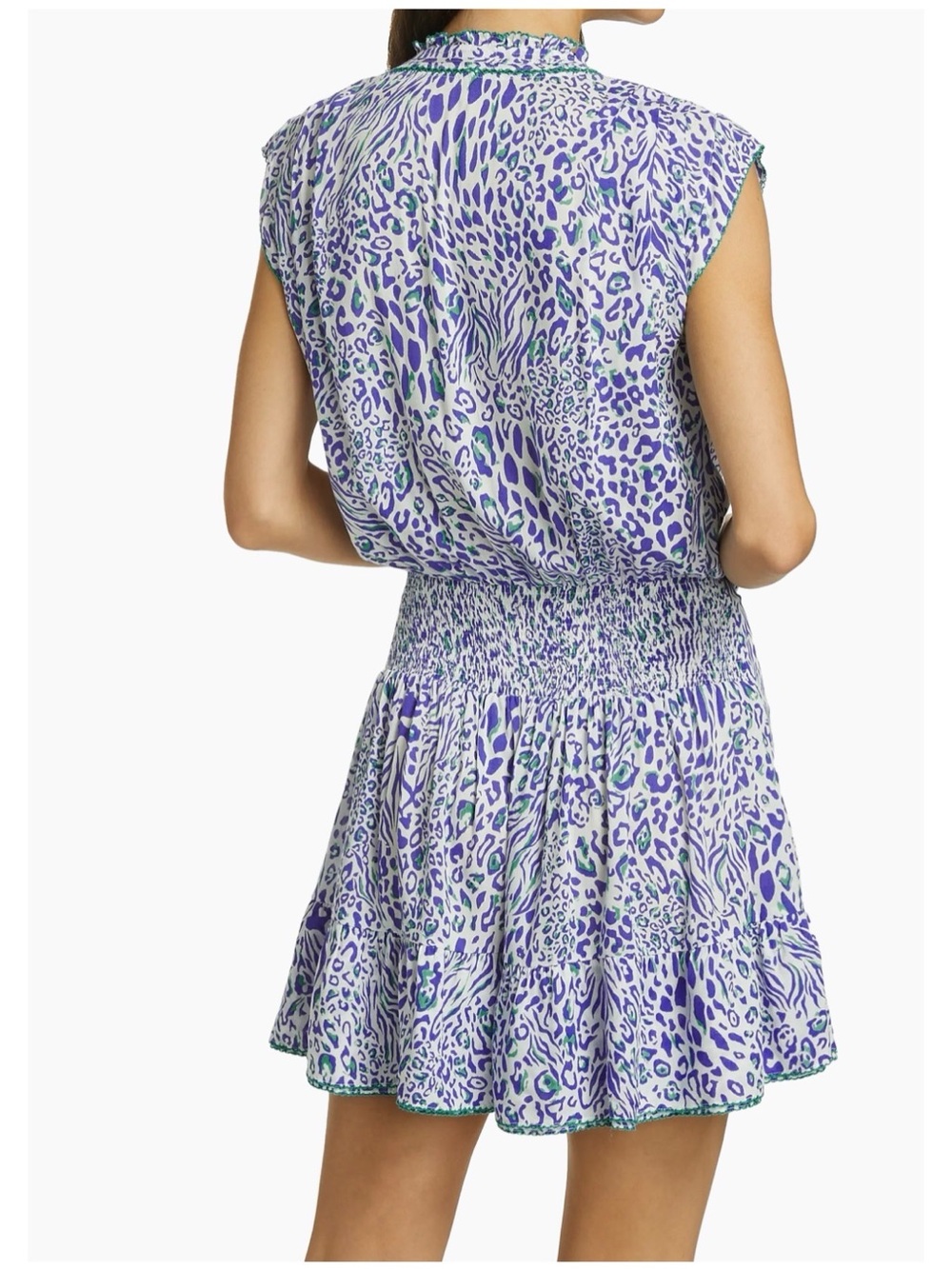 Poupette St Barth Women’s Sz M Animal Print Mini Dress Estel Blue White Ruffle - Picture 3 of 16